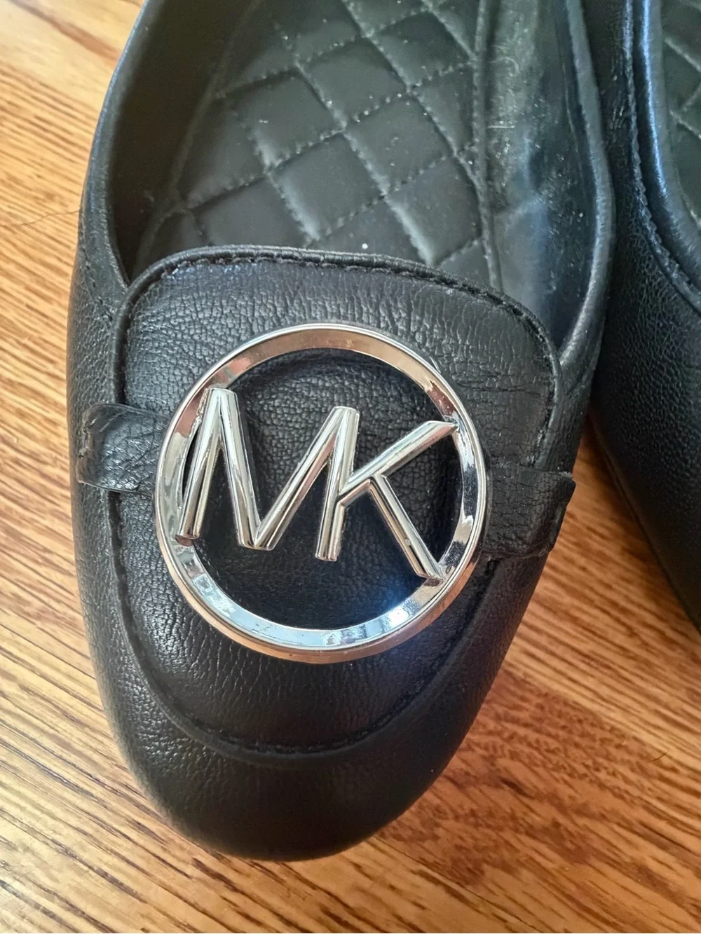 Michael Kors Black Quilted Leather Ballet Flats with Silver MK Emblem